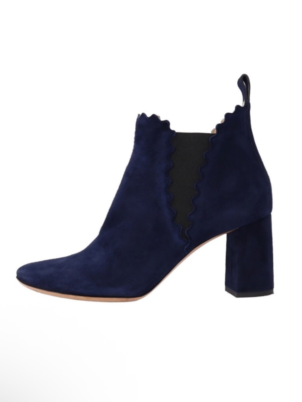 Chloé Suede Scallop Block Heel Ankle Boots, Size 39.5